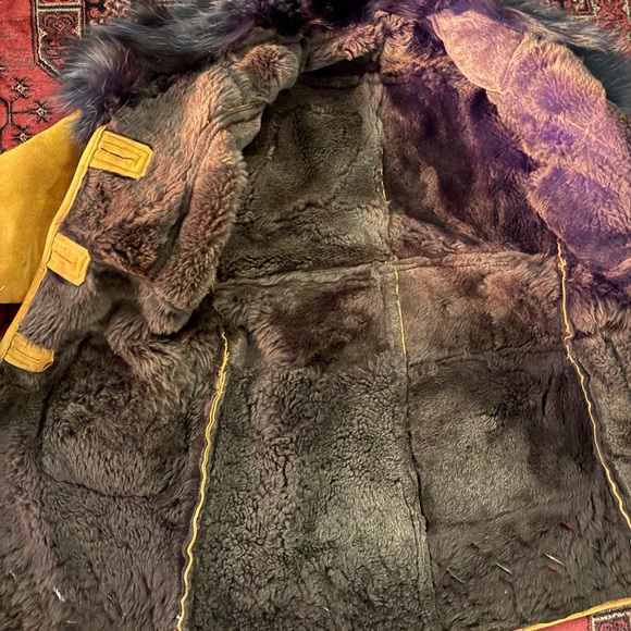 Women's Mustard Genuine Suede Shearling Coat with Real Fur Trim – Embroidered - Picture 2 of 6